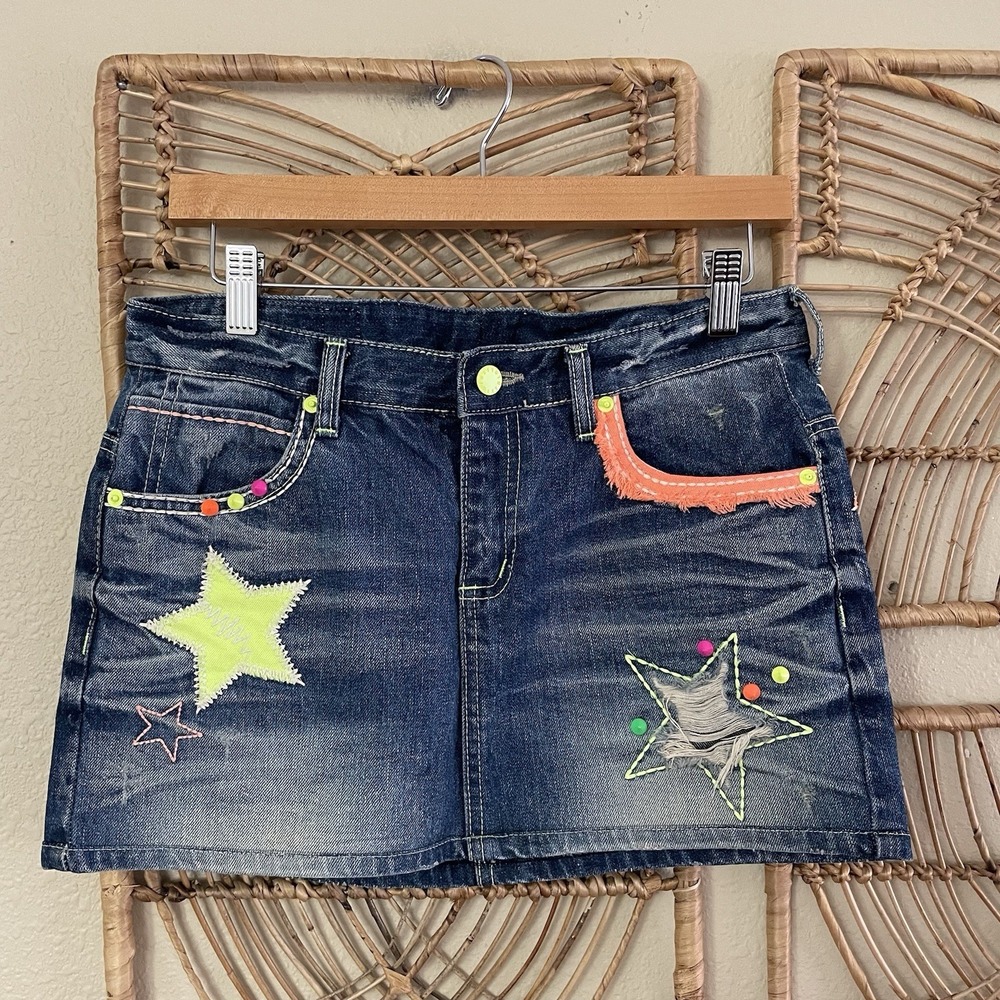 Vtg Y2K Lolita Concert Club‎ Denim Skirt Stars Kawaii Japanese Denim L READ B22